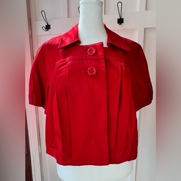 Grace Elements Women’s Crop Jacket Size 16 Red Short Sleeve Pleated Button Front - Picture 1 of 9